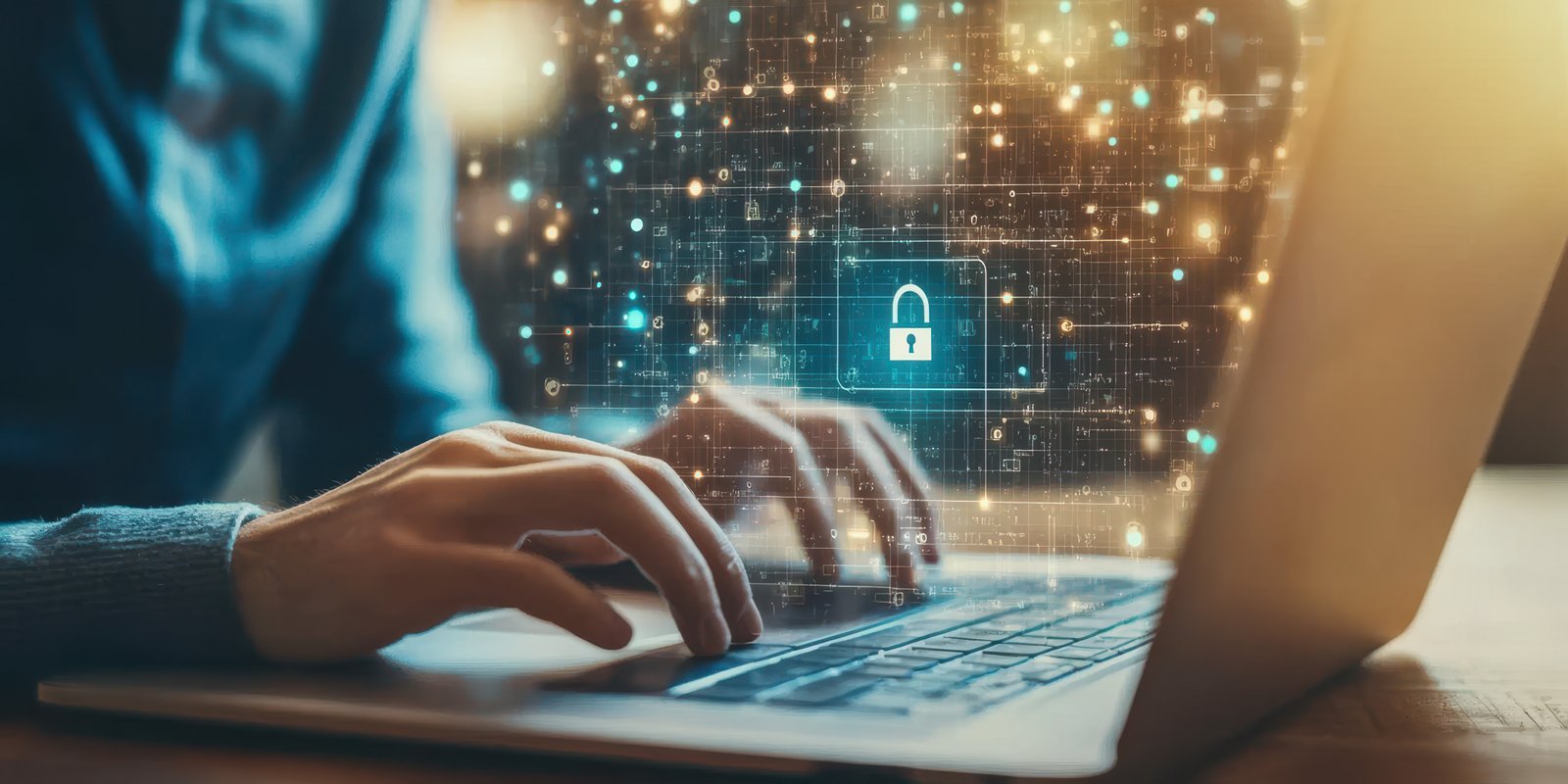 Hands typing on a laptop with a digital lock icon representing online security and data protection